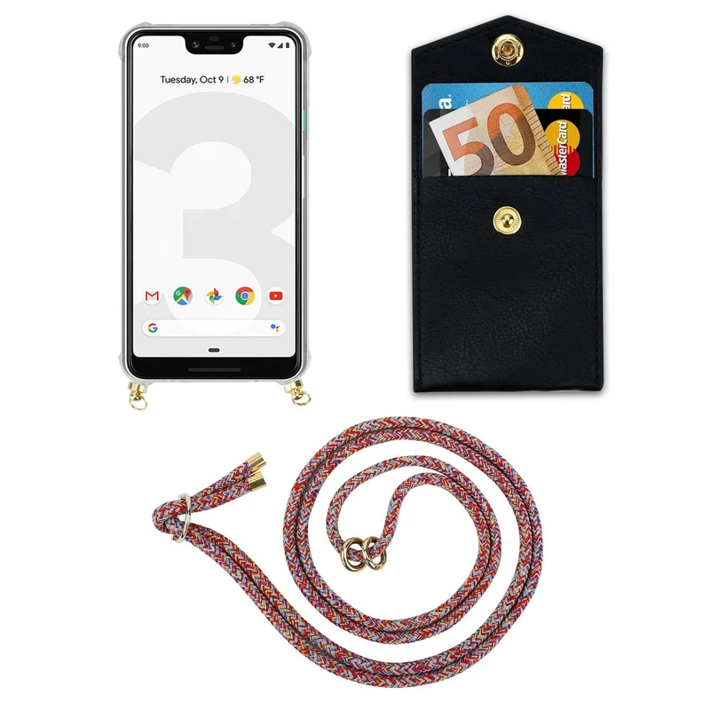 Cadorabo Handy Kette kompatibel mit Google PIXEL 3 XL Silikon Schutzhülle mit Gold Ringen, Kordel Band und abnehmbarem Etui