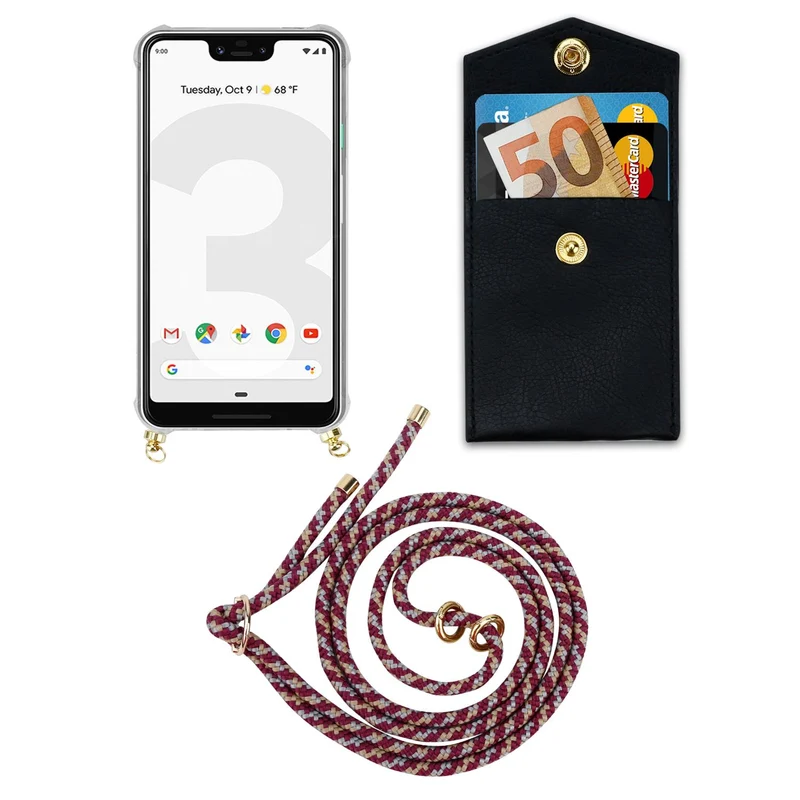 Cadorabo Handy Kette kompatibel mit Google PIXEL 3 XL Silikon Schutzhülle mit Gold Ringen, Kordel Band und abnehmbarem Etui