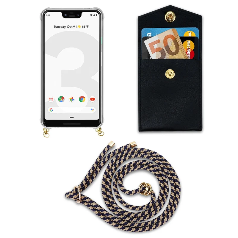 Cadorabo Handy Kette kompatibel mit Google PIXEL 3 XL Silikon Schutzhülle mit Gold Ringen, Kordel Band und abnehmbarem Etui