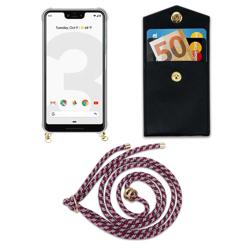 Cadorabo Handy Kette kompatibel mit Google PIXEL 3 XL Silikon Schutzhülle mit Gold Ringen, Kordel Band und abnehmbarem Etui