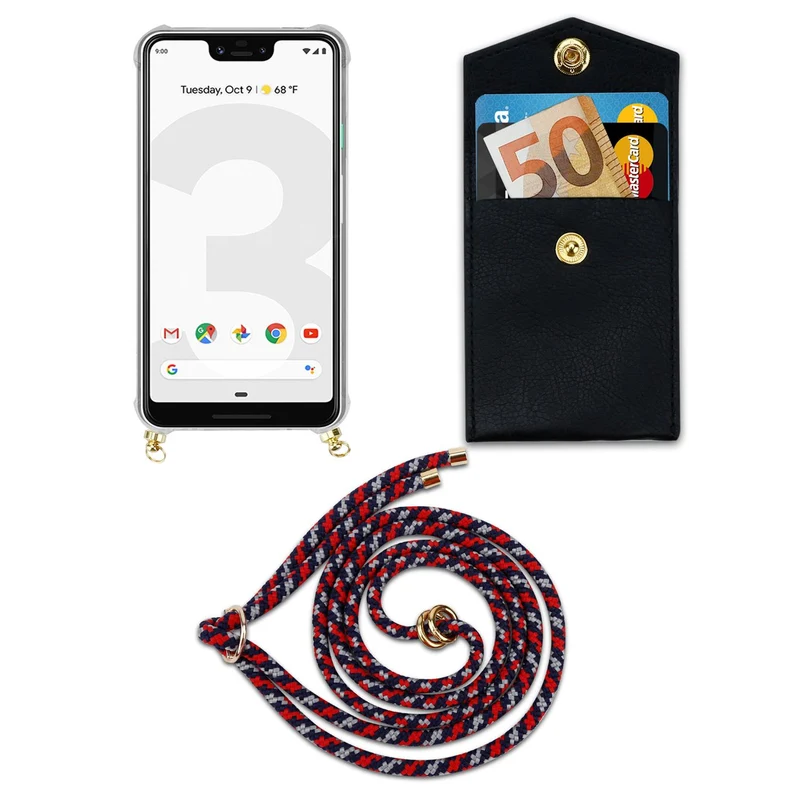 Cadorabo Handy Kette kompatibel mit Google PIXEL 3 XL Silikon Schutzhülle mit Gold Ringen, Kordel Band und abnehmbarem Etui