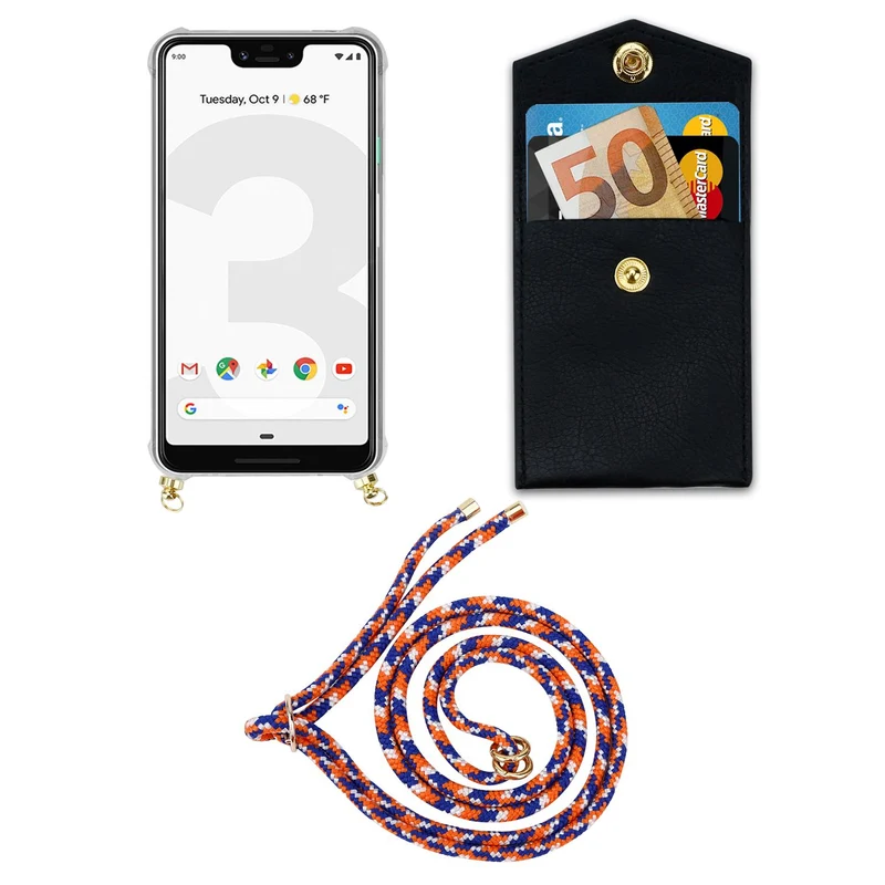 Cadorabo Handy Kette kompatibel mit Google PIXEL 3 XL Silikon Schutzhülle mit Gold Ringen, Kordel Band und abnehmbarem Etui