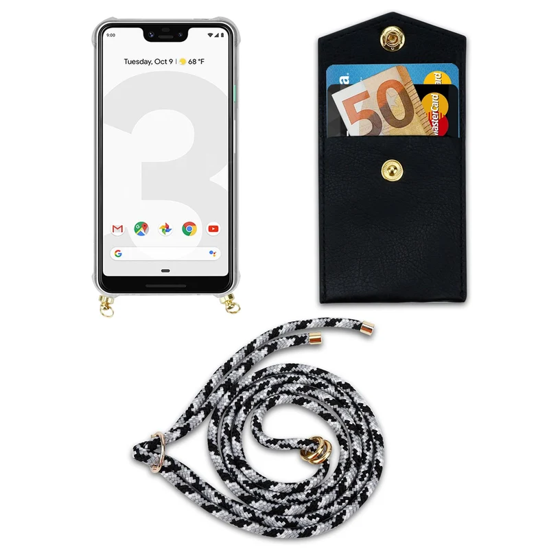 Cadorabo Handy Kette kompatibel mit Google PIXEL 3 XL Silikon Schutzhülle mit Gold Ringen, Kordel Band und abnehmbarem Etui