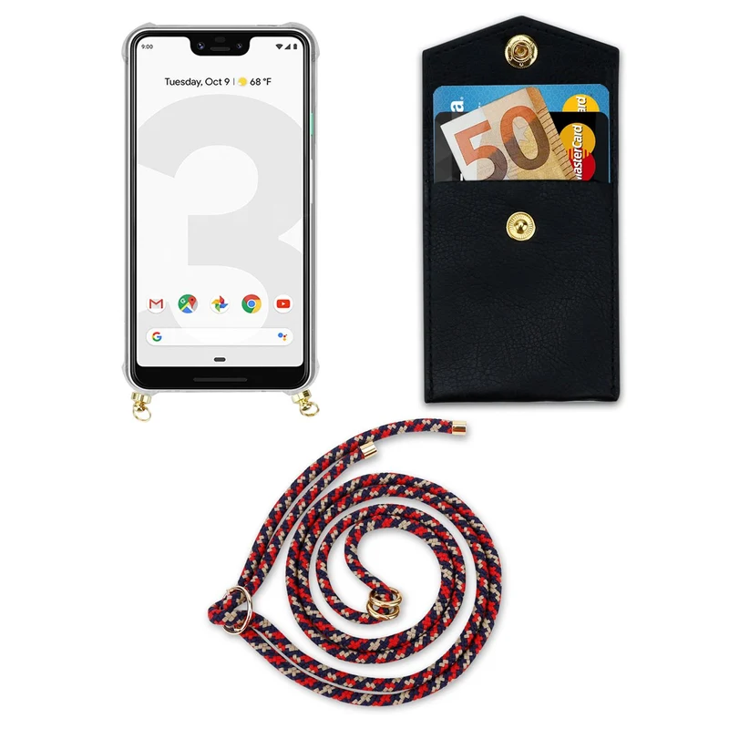 Cadorabo Handy Kette kompatibel mit Google PIXEL 3 XL Silikon Schutzhülle mit Gold Ringen, Kordel Band und abnehmbarem Etui
