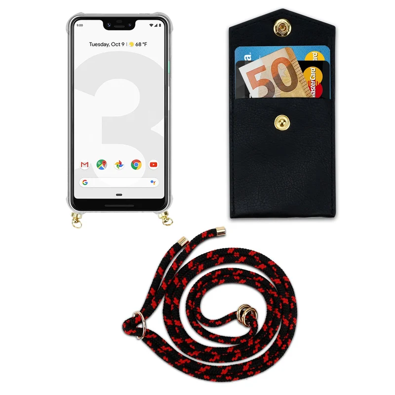 Cadorabo Handy Kette kompatibel mit Google PIXEL 3 XL Silikon Schutzhülle mit Gold Ringen, Kordel Band und abnehmbarem Etui