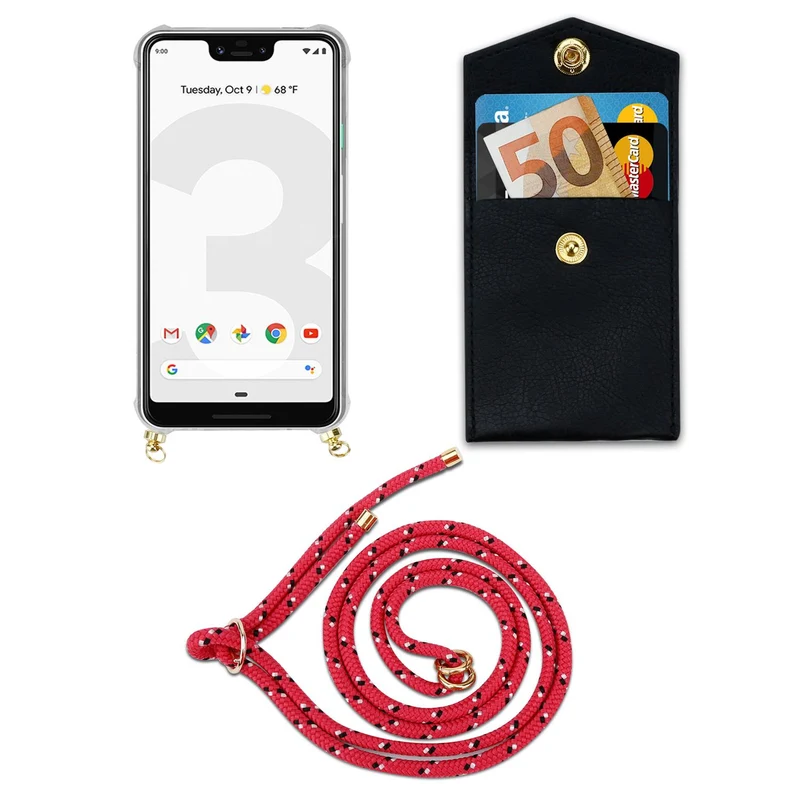 Cadorabo Handy Kette kompatibel mit Google PIXEL 3 XL Silikon Schutzhülle mit Gold Ringen, Kordel Band und abnehmbarem Etui