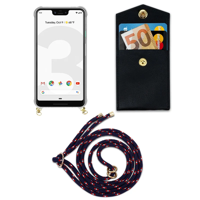 Cadorabo Handy Kette kompatibel mit Google PIXEL 3 XL Silikon Schutzhülle mit Gold Ringen, Kordel Band und abnehmbarem Etui