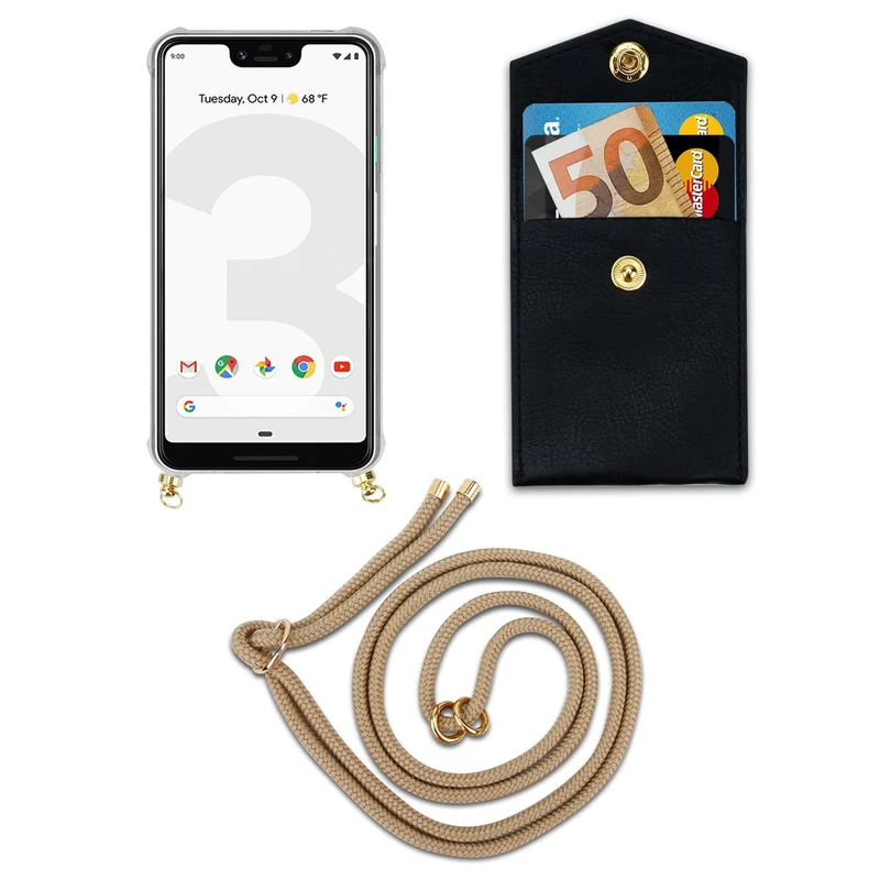 Cadorabo Handy Kette kompatibel mit Google PIXEL 3 XL Silikon Schutzhülle mit Gold Ringen, Kordel Band und abnehmbarem Etui