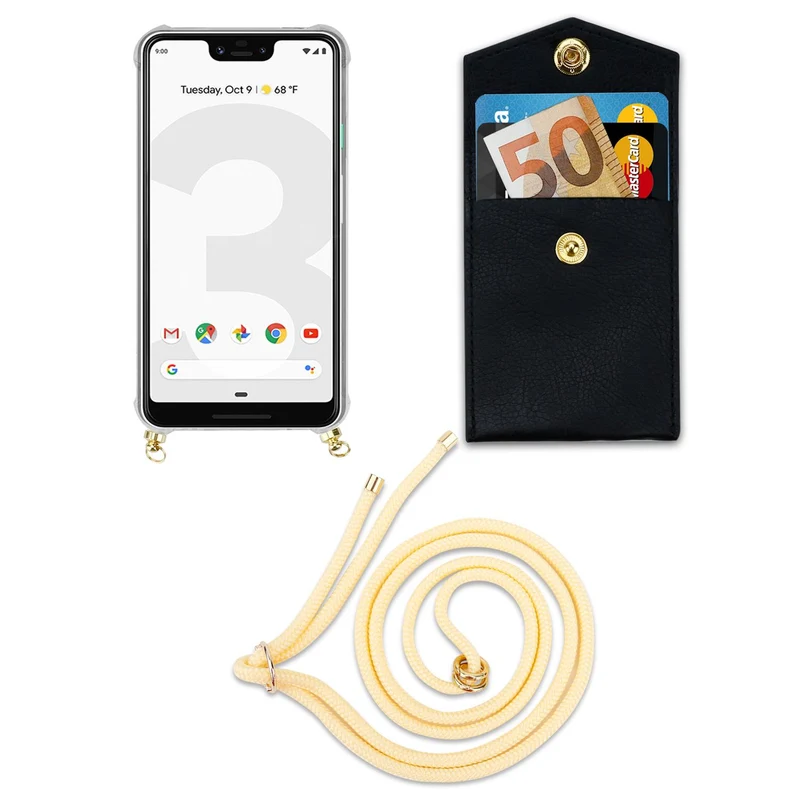 Cadorabo Handy Kette kompatibel mit Google PIXEL 3 XL Silikon Schutzhülle mit Gold Ringen, Kordel Band und abnehmbarem Etui