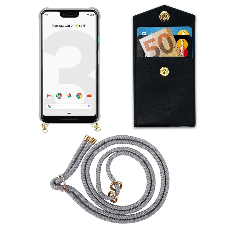 Cadorabo Handy Kette kompatibel mit Google PIXEL 3 XL Silikon Schutzhülle mit Gold Ringen, Kordel Band und abnehmbarem Etui