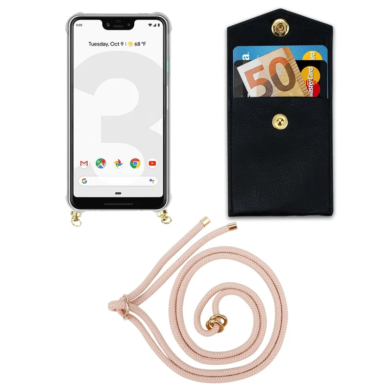 Cadorabo Handy Kette kompatibel mit Google PIXEL 3 XL Silikon Schutzhülle mit Gold Ringen, Kordel Band und abnehmbarem Etui