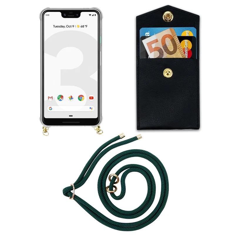 Cadorabo Handy Kette kompatibel mit Google PIXEL 3 XL Silikon Schutzhülle mit Gold Ringen, Kordel Band und abnehmbarem Etui