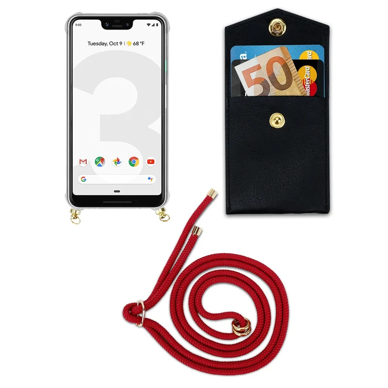 Cadorabo Handy Kette kompatibel mit Google PIXEL 3 XL Silikon Schutzhülle mit Gold Ringen, Kordel Band und abnehmbarem Etui