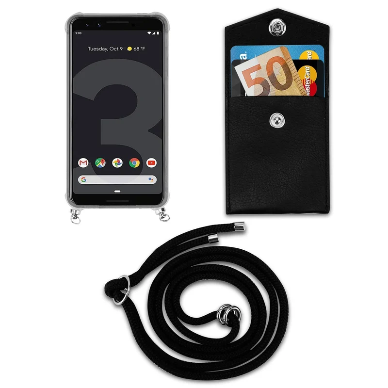 Cadorabo Handy Kette kompatibel mit Google PIXEL 3 Silikon Schutzhülle mit Silbernen Ringen, Kordel Band und abnehmbarem Etui
