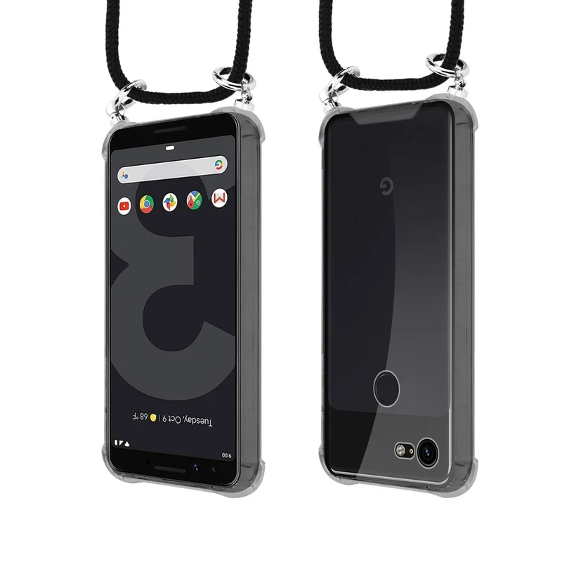 Cadorabo Handy Kette kompatibel mit Google PIXEL 3 Silikon Schutzhülle mit Silbernen Ringen, Kordel Band und abnehmbarem Etui