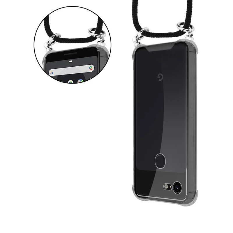 Cadorabo Handy Kette kompatibel mit Google PIXEL 3 Silikon Schutzhülle mit Silbernen Ringen, Kordel Band und abnehmbarem Etui