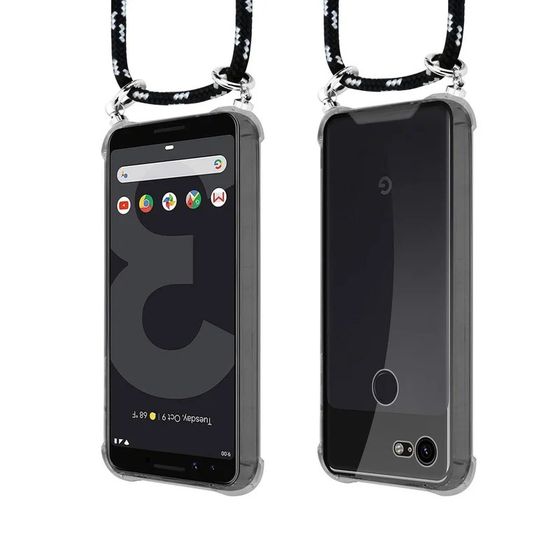 Cadorabo Handy Kette kompatibel mit Google PIXEL 3 Silikon Schutzhülle mit Silbernen Ringen, Kordel Band und abnehmbarem Etui