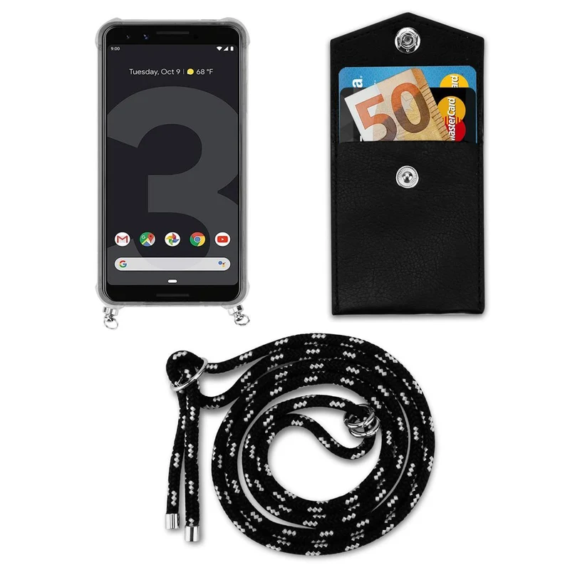 Cadorabo Handy Kette kompatibel mit Google PIXEL 3 Silikon Schutzhülle mit Silbernen Ringen, Kordel Band und abnehmbarem Etui