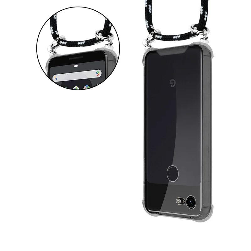 Cadorabo Handy Kette kompatibel mit Google PIXEL 3 Silikon Schutzhülle mit Silbernen Ringen, Kordel Band und abnehmbarem Etui