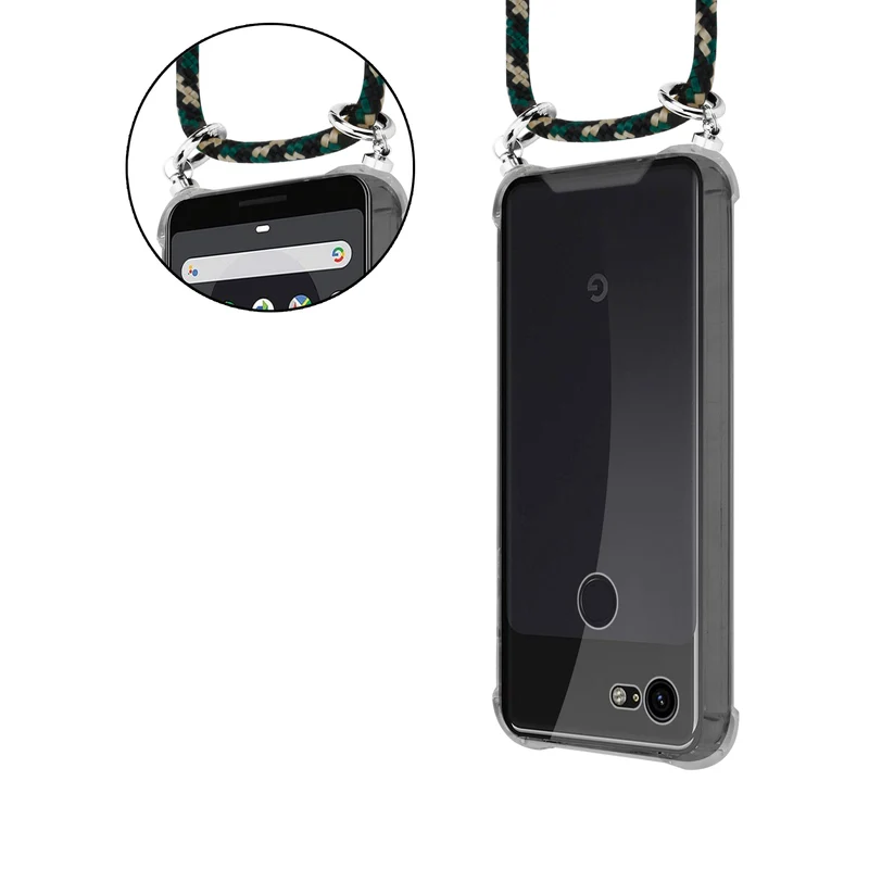 Cadorabo Handy Kette kompatibel mit Google PIXEL 3 Silikon Schutzhülle mit Silbernen Ringen, Kordel Band und abnehmbarem Etui