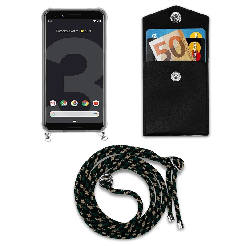 Cadorabo Handy Kette kompatibel mit Google PIXEL 3 Silikon Schutzhülle mit Silbernen Ringen, Kordel Band und abnehmbarem Etui