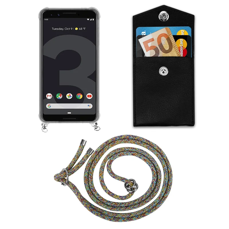 Cadorabo Handy Kette kompatibel mit Google PIXEL 3 Silikon Schutzhülle mit Silbernen Ringen, Kordel Band und abnehmbarem Etui
