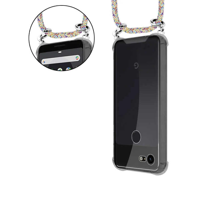 Cadorabo Handy Kette kompatibel mit Google PIXEL 3 Silikon Schutzhülle mit Silbernen Ringen, Kordel Band und abnehmbarem Etui