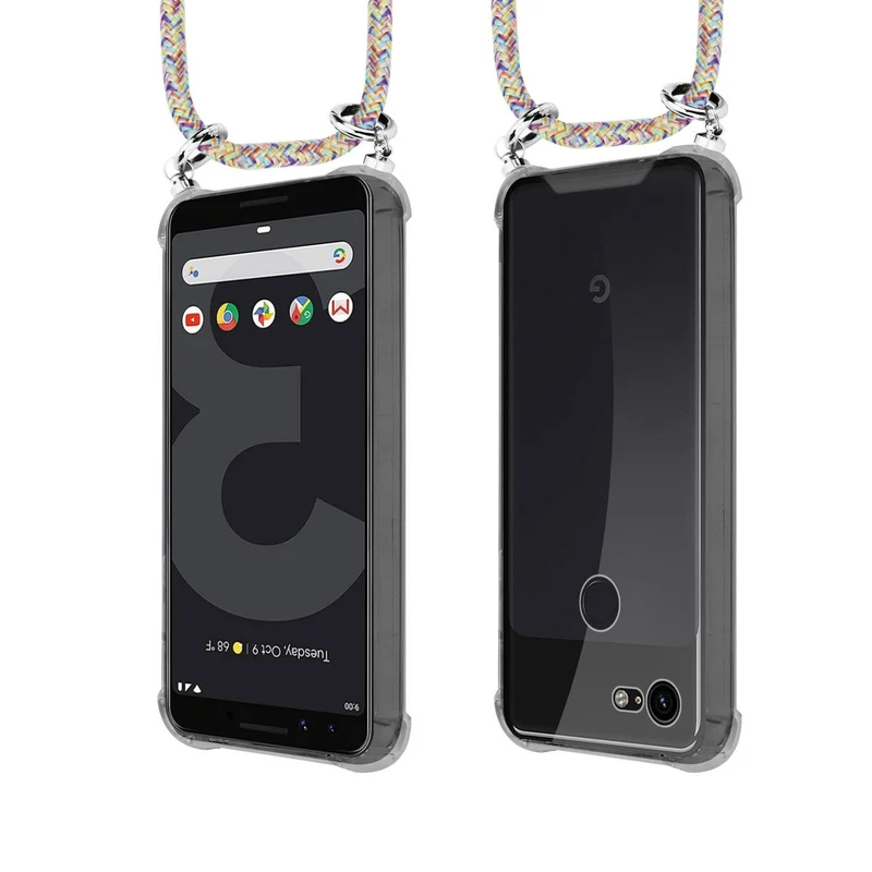 Cadorabo Handy Kette kompatibel mit Google PIXEL 3 Silikon Schutzhülle mit Silbernen Ringen, Kordel Band und abnehmbarem Etui