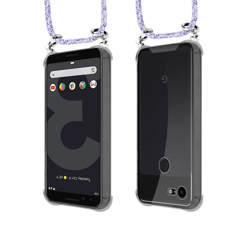 Cadorabo Handy Kette kompatibel mit Google PIXEL 3 Silikon Schutzhülle mit Silbernen Ringen, Kordel Band und abnehmbarem Etui