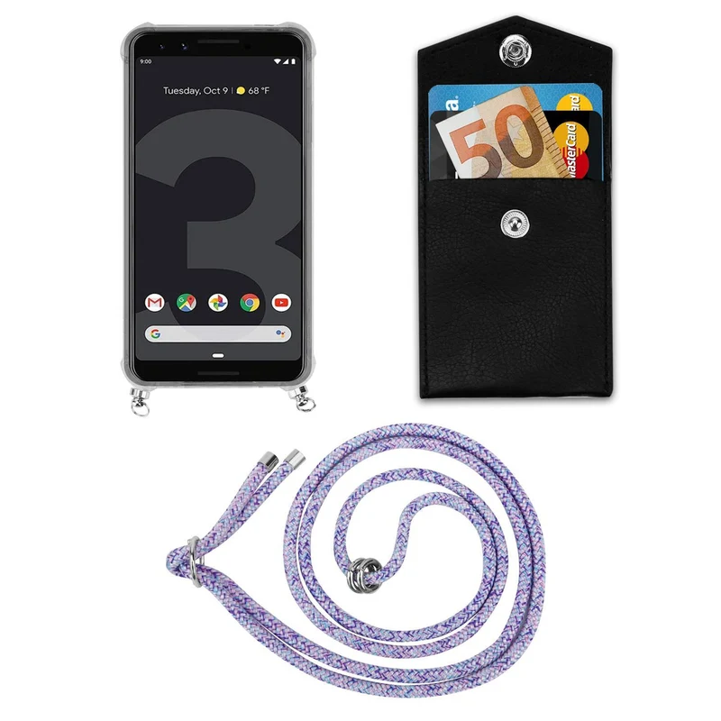 Cadorabo Handy Kette kompatibel mit Google PIXEL 3 Silikon Schutzhülle mit Silbernen Ringen, Kordel Band und abnehmbarem Etui