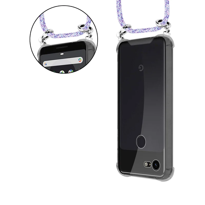Cadorabo Handy Kette kompatibel mit Google PIXEL 3 Silikon Schutzhülle mit Silbernen Ringen, Kordel Band und abnehmbarem Etui