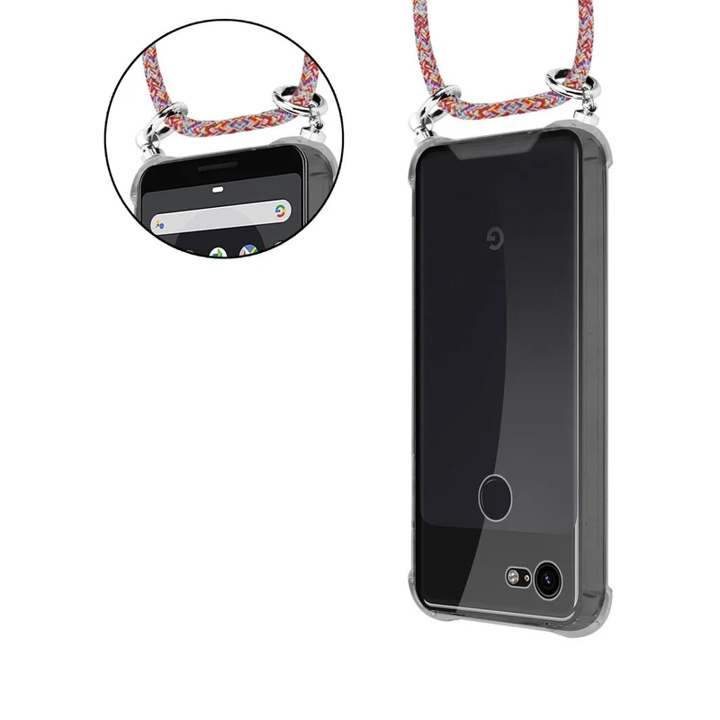Cadorabo Handy Kette kompatibel mit Google PIXEL 3 Silikon Schutzhülle mit Silbernen Ringen, Kordel Band und abnehmbarem Etui