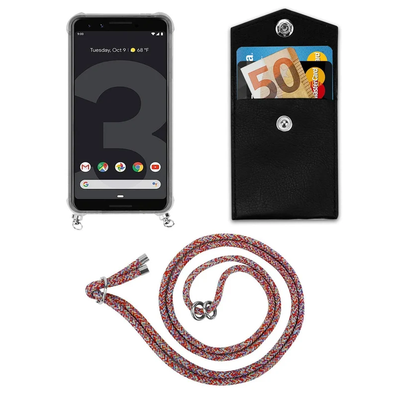 Cadorabo Handy Kette kompatibel mit Google PIXEL 3 Silikon Schutzhülle mit Silbernen Ringen, Kordel Band und abnehmbarem Etui