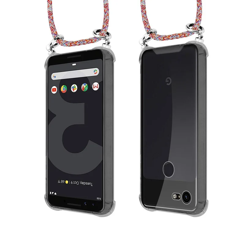 Cadorabo Handy Kette kompatibel mit Google PIXEL 3 Silikon Schutzhülle mit Silbernen Ringen, Kordel Band und abnehmbarem Etui