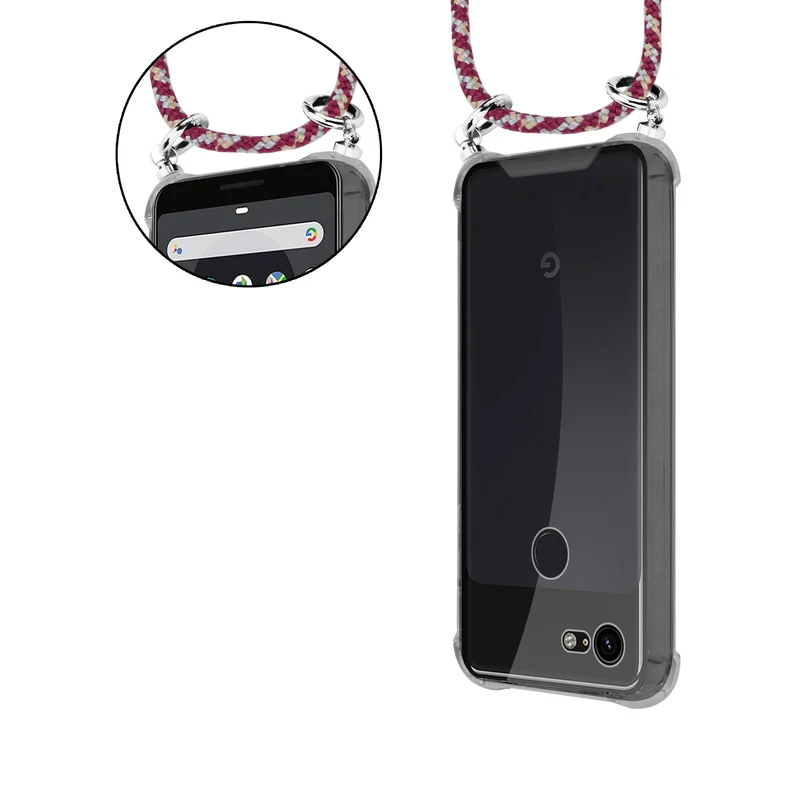Cadorabo Handy Kette kompatibel mit Google PIXEL 3 Silikon Schutzhülle mit Silbernen Ringen, Kordel Band und abnehmbarem Etui