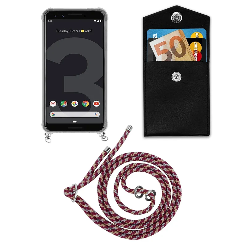 Cadorabo Handy Kette kompatibel mit Google PIXEL 3 Silikon Schutzhülle mit Silbernen Ringen, Kordel Band und abnehmbarem Etui