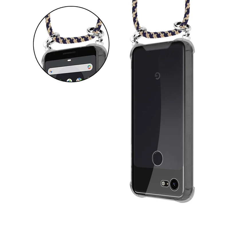 Cadorabo Handy Kette kompatibel mit Google PIXEL 3 Silikon Schutzhülle mit Silbernen Ringen, Kordel Band und abnehmbarem Etui