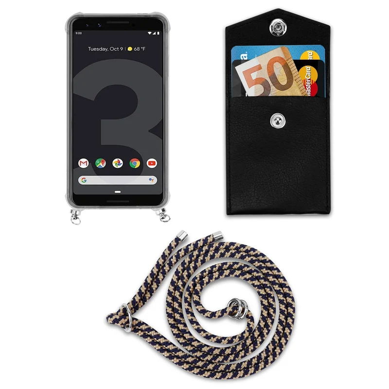 Cadorabo Handy Kette kompatibel mit Google PIXEL 3 Silikon Schutzhülle mit Silbernen Ringen, Kordel Band und abnehmbarem Etui