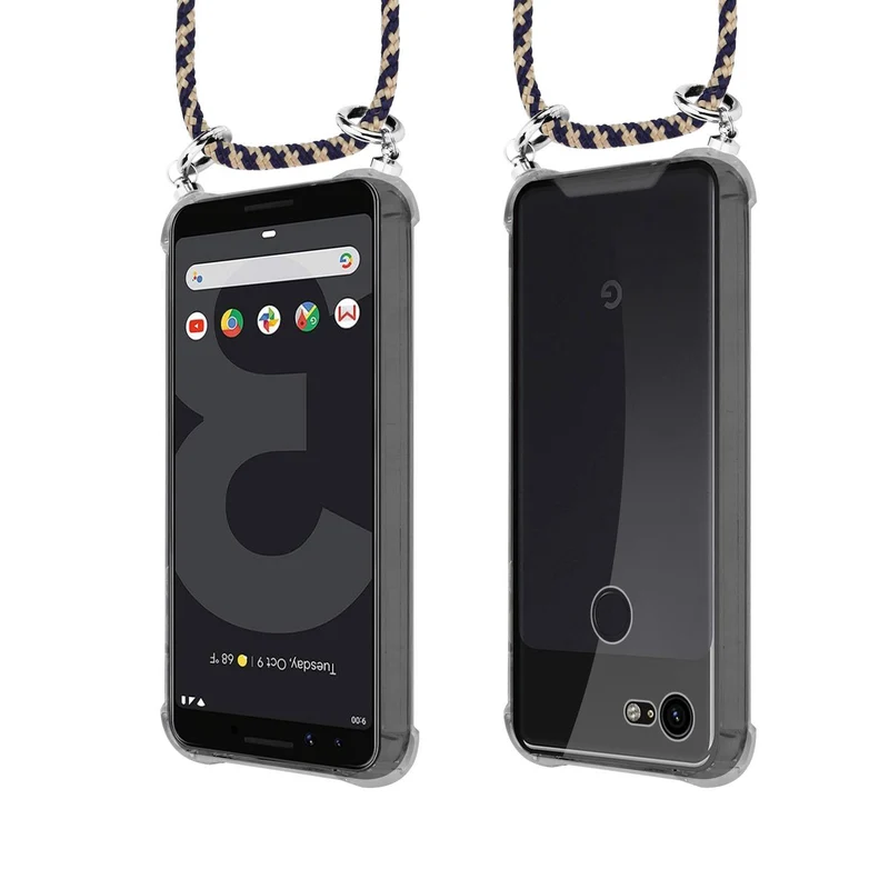 Cadorabo Handy Kette kompatibel mit Google PIXEL 3 Silikon Schutzhülle mit Silbernen Ringen, Kordel Band und abnehmbarem Etui
