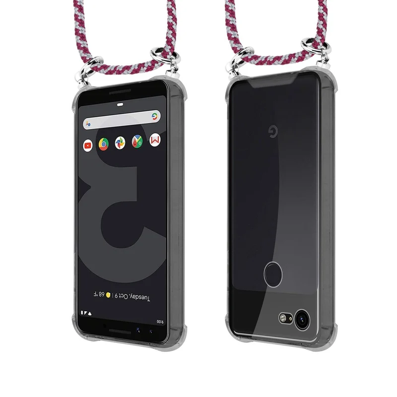 Cadorabo Handy Kette kompatibel mit Google PIXEL 3 Silikon Schutzhülle mit Silbernen Ringen, Kordel Band und abnehmbarem Etui