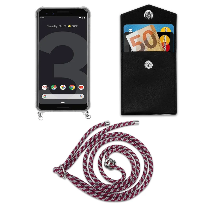 Cadorabo Handy Kette kompatibel mit Google PIXEL 3 Silikon Schutzhülle mit Silbernen Ringen, Kordel Band und abnehmbarem Etui