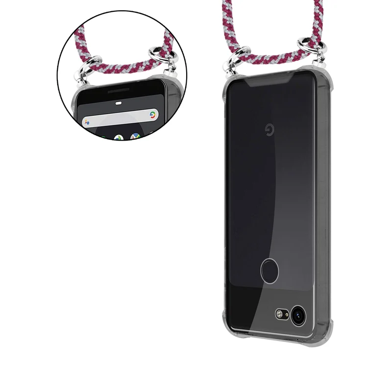Cadorabo Handy Kette kompatibel mit Google PIXEL 3 Silikon Schutzhülle mit Silbernen Ringen, Kordel Band und abnehmbarem Etui