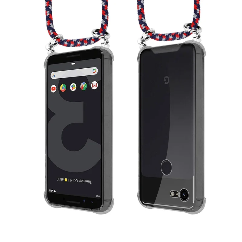 Cadorabo Handy Kette kompatibel mit Google PIXEL 3 Silikon Schutzhülle mit Silbernen Ringen, Kordel Band und abnehmbarem Etui