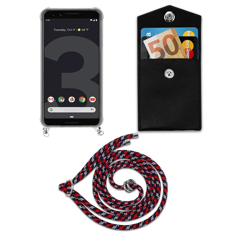 Cadorabo Handy Kette kompatibel mit Google PIXEL 3 Silikon Schutzhülle mit Silbernen Ringen, Kordel Band und abnehmbarem Etui