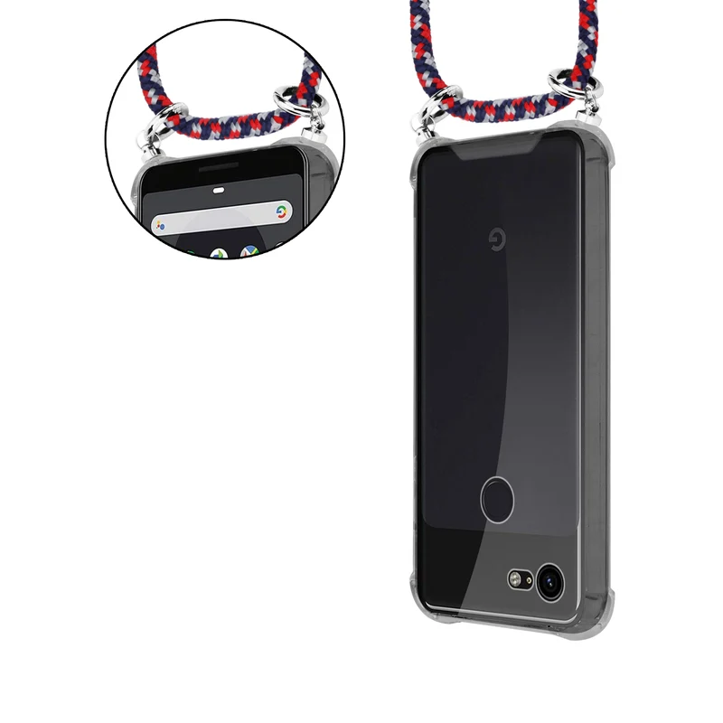 Cadorabo Handy Kette kompatibel mit Google PIXEL 3 Silikon Schutzhülle mit Silbernen Ringen, Kordel Band und abnehmbarem Etui