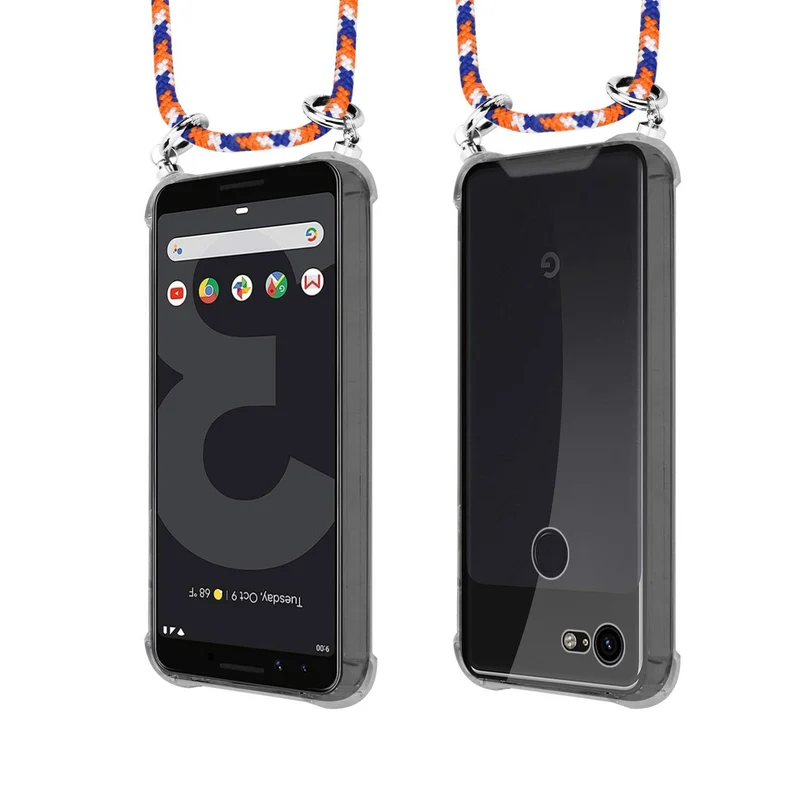 Cadorabo Handy Kette kompatibel mit Google PIXEL 3 Silikon Schutzhülle mit Silbernen Ringen, Kordel Band und abnehmbarem Etui