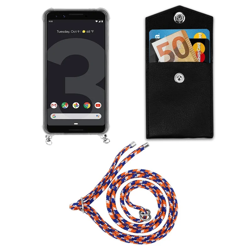 Cadorabo Handy Kette kompatibel mit Google PIXEL 3 Silikon Schutzhülle mit Silbernen Ringen, Kordel Band und abnehmbarem Etui
