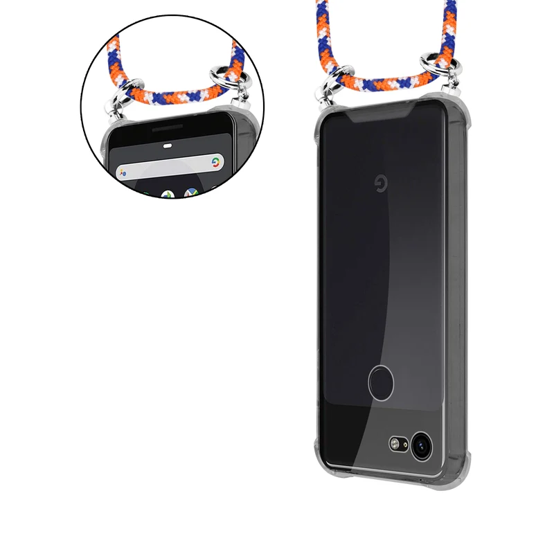 Cadorabo Handy Kette kompatibel mit Google PIXEL 3 Silikon Schutzhülle mit Silbernen Ringen, Kordel Band und abnehmbarem Etui