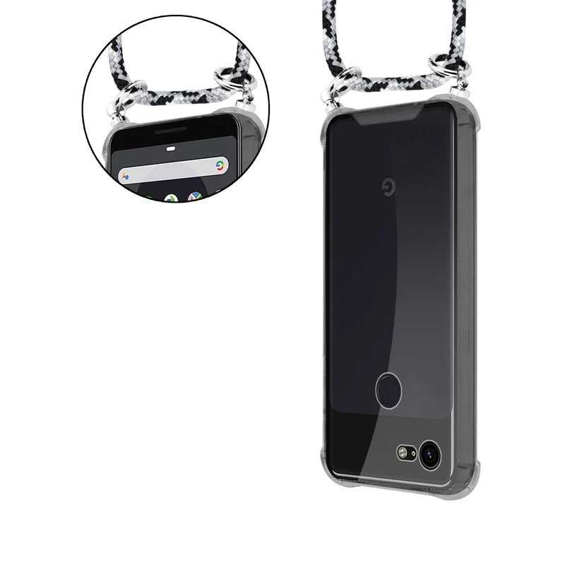 Cadorabo Handy Kette kompatibel mit Google PIXEL 3 Silikon Schutzhülle mit Silbernen Ringen, Kordel Band und abnehmbarem Etui