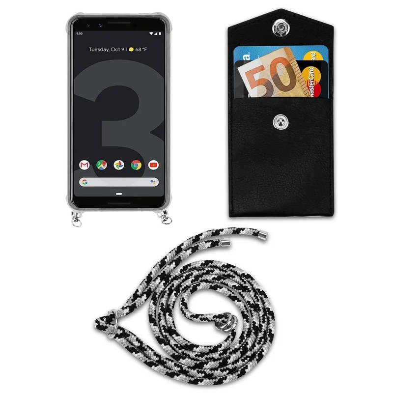 Cadorabo Handy Kette kompatibel mit Google PIXEL 3 Silikon Schutzhülle mit Silbernen Ringen, Kordel Band und abnehmbarem Etui
